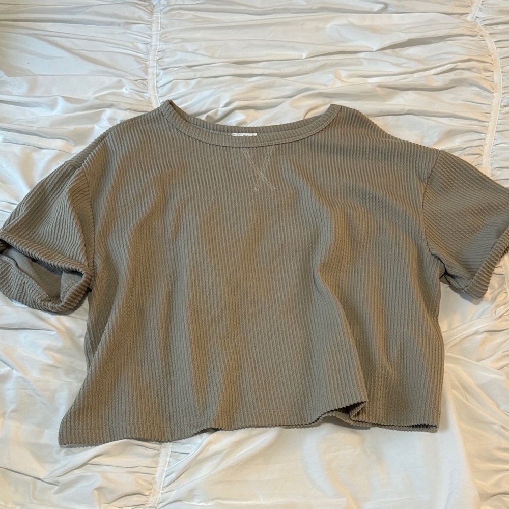 Blue Rain Olive Brown Ribbed Short Sleeve Women's Top large folded sleeves